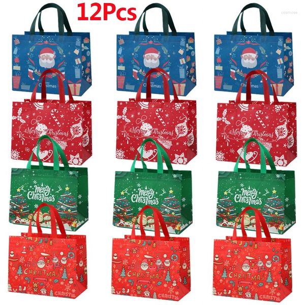 Enveloppe-cadeau 12pcs Sacs de Noël dessin animé mignon Santa Elk Snowman Printing non tissé sac à main