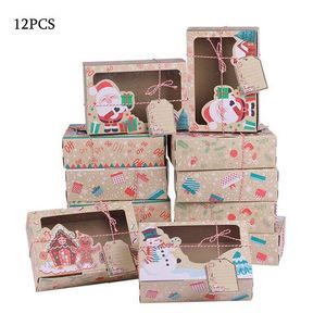 Geschenkomschakeling 12 stks Kerstdimboxen Cookie Cupcake Chocoladebox Wedding Dessert Pakket Zak Kraftpapier met Taggift Wrapgift