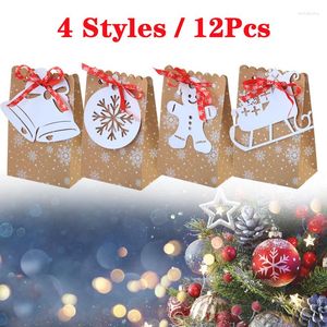 Geschenkomschakeling 12 stks Kerst Kraft papieren zak Kerstmis Gedrukte koekjes Candy Chocolate Snowflake Ribbon Pocket Packing Case