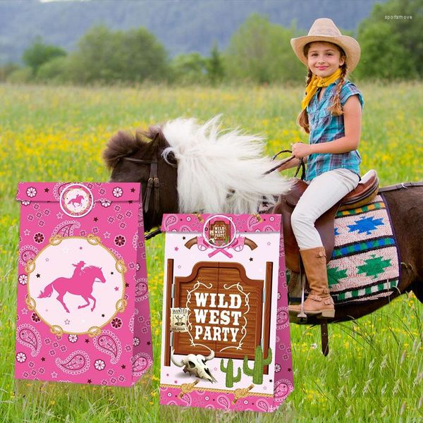 Envoltura de regalo 12 unids Cowgirl Kraft Bolsas de papel Pink Girl Día de los niños Tema Fiesta Galleta Cajas de embalaje Etiqueta Set