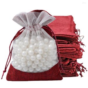 Geschenkomschakeling 12 stks Drawstring Burlap Zakken Transparant mesh raam feest bruiloft Diy Craft voor het inpakken van sieraden cosmetica geschenken snoep