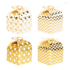Envoltura de regalo 12 piezas de cajas de aluminio dorado Caja de dulces de galletas a rayas de estrellas doradas para el baby shower de boda favoreco de la fiesta con el mango