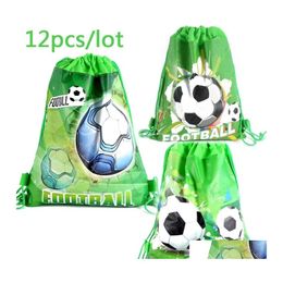 Papel de regalo 12 Unids / lote Tema de fútbol Mochila Fiesta de cumpleaños Telas no tejidas Balón de fútbol Dstring Regalos Bolsa Baby Shower Mochila Dhptx