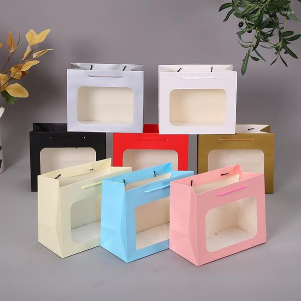 Emballage cadeau 12 pièces/lot sac en papier avec poignée PVC fenêtre cuisson gâteau emballage sacs anniversaire des enfants