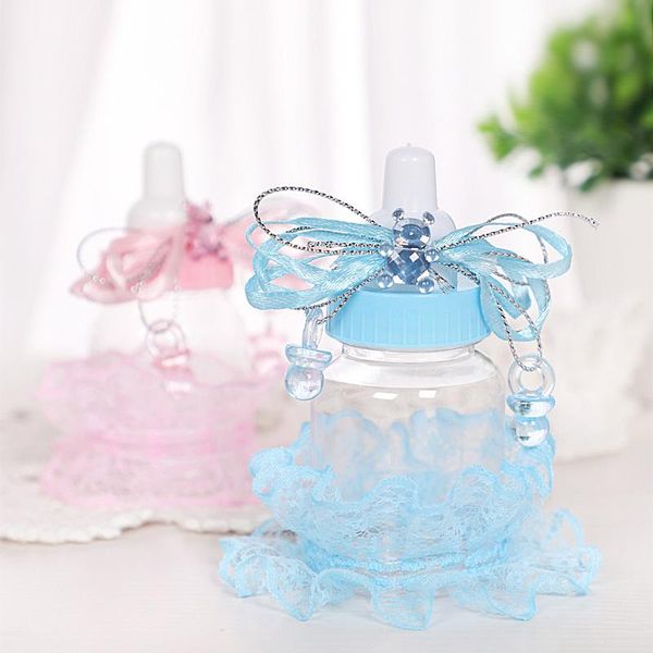 Emballage cadeau 12 pcs/lot ruban rose en plastique Transparent bébé boîte à bonbons mignon petite bouteille