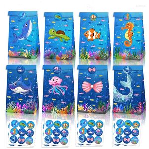 Cadeau cadeau 12pcs animaux marins faveur sacs en papier avec autocollants bleu océan anniversaire boîte de bonbons emballage pour enfants fournitures de fête