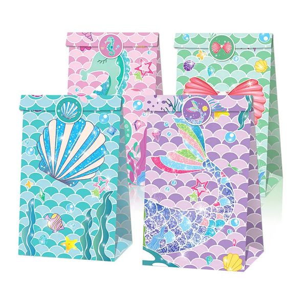 Envoltura de regalo 12 unids Tema de sirena Caja de dulces Favor Bolsa de regalo de galletas con pegatinas Niños Little Mermaid Fiesta de cumpleaños Decoración Baby Shower Suministros 231102