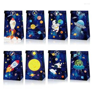 Geschenkomschakeling 12 stks Outer Space Party zijn guny tassen met stickers papier Galaxy Planet Treat voor jongens verjaardagdecoratie
