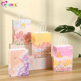 Enveloppe cadeau 12pcs Party Kraft Paper Sac avec poignée 3D PEINTURE D'HUILE IMPRESS