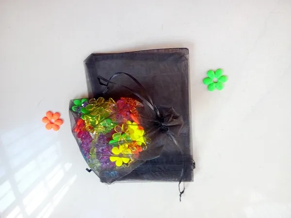 Envoltura de regalo 17 23 cm 500 unids Bolsa de organza Bolsas de embalaje de joyería con cordón negro para té / regalo / comida / caramelo Pequeña bolsa transparente Hilo