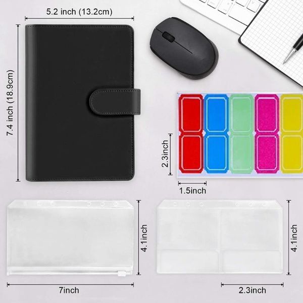 Envoltura de regalo 18 unids A6 PU Cubierta de carpeta de cuero con 6 bolsillos de anillo Sobres para el sistema de presupuesto en efectivo Documentos Tarjetas BlackGift