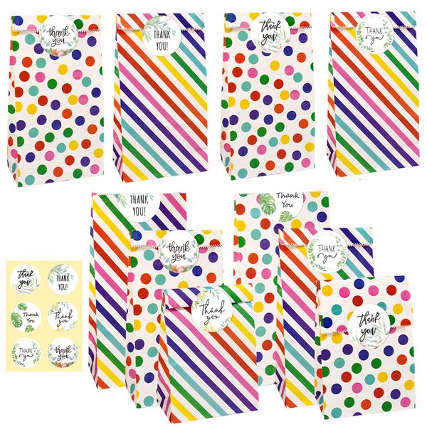 Envoltura de regalo 18 Sets Rainbow Stripe Dot Bolsas de papel Wedding Xmas Party Favor Bag con hecho a mano Gracias Sticker DIY Gift Wrapping Supplies 230707