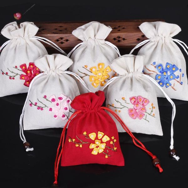 Emballage cadeau 1 pc 11x15 cm sacs en lin pour bijoux emballage à la main ruban broderie prune cordon pochette tenir épices fleurs séchées