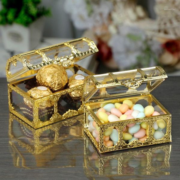 Cadeau cadeau 1pc 9cm luxe mini plastique creux feuille d'or gâteau boîte de bonbons mariage faveur mariage bébé douche traiter fête événement approvisionnement