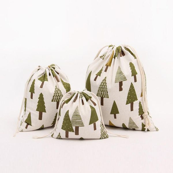 Emballage cadeau 1pc arbre de noël imprimé cordon lin toile de Jute Jute bonbons sacs bijoux emballage sac mariages faveur pochettes1