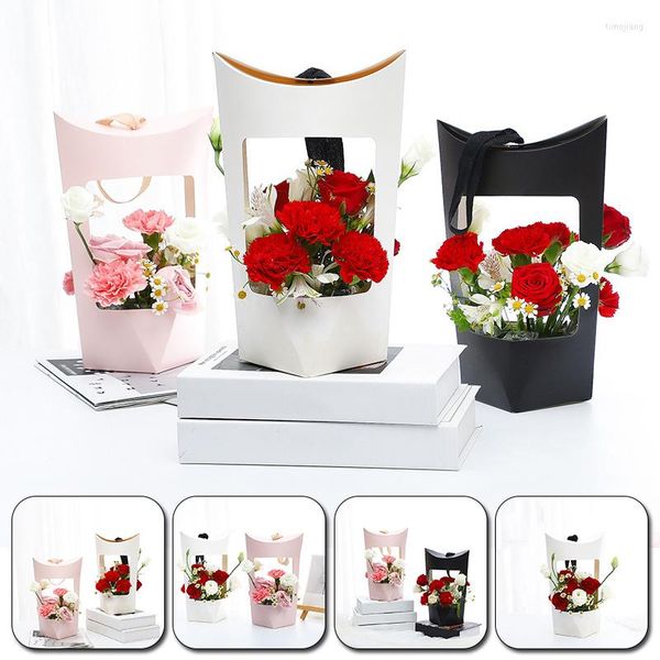 Emballage cadeau 1PC fleuriste emballage boîte à fleurs Kraft sac à main Bouquet panier creux avec ruban créatif