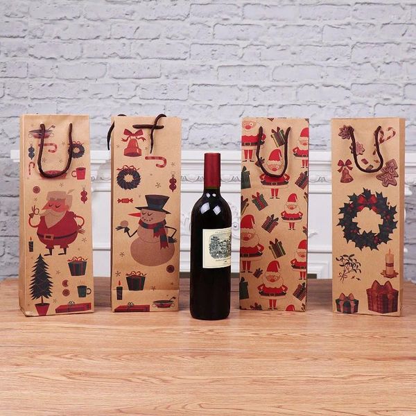 Envoltura de regalo 1 unid Papel Kraft Bolsa de vino tinto Botella de patrón de Navidad con asa para bolsas rectangulares de festival