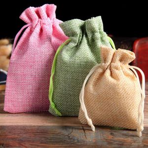 Emballage cadeau 1Pc lin Jute cordon sac pochette en toile de jute bijoux paquets pour faveurs de mariage fournitures fête noël bonbons pochettescadeau