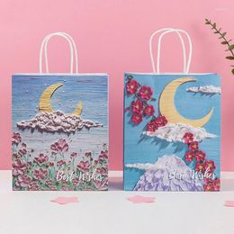 Emballage cadeau 1pc peinture à l'huile sac en papier avec poignée Shopping Flip fleur emballage stockage vêtements décor