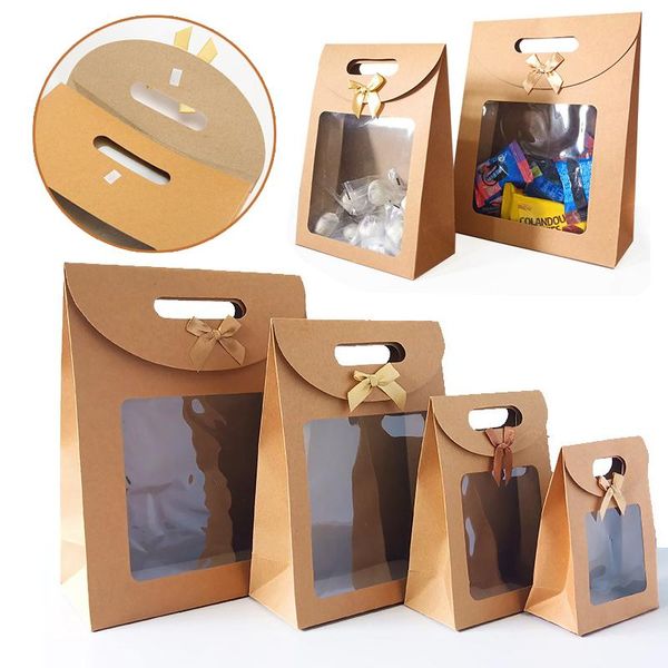 Envoltura de regalo 1 unid Bolsas de bolsa de papel Kraft con nudo de arco portátil con ventana transparente Fondo cuadrado Caramelo Galletas Pan Decoración para hornear