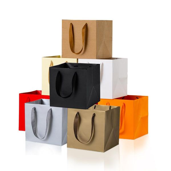 Papel de regalo, 1 unidad, bolsa de papel de Color blanco/negro/Kraft/rojo con asa, caja cuadrada de flores en maceta, bolsas de compras multifunción