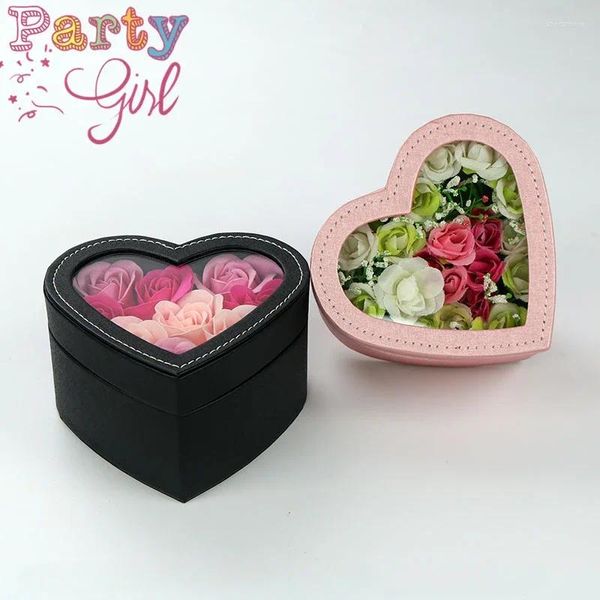 Envoltura de regalo 1 unids Caja de flores de cuero en forma de corazón negro Cubierta transparente de PVC Cajas de rosa rosa Almacenamiento de lápiz labial