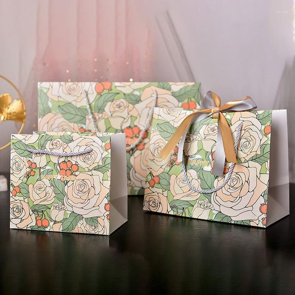 Envoltura de regalo 1 unids flor impresa bolsa de asas de papel champagne rosas patrón favor bolsas portátiles con cintas fiesta de compromiso de boda