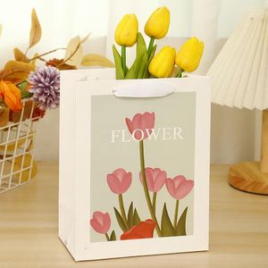 Emballage cadeau 1 pièces sacs en papier tulipe imprimé fleur emballage avec poignée emballage de biscuits boîtes de faveur de fête de mariage