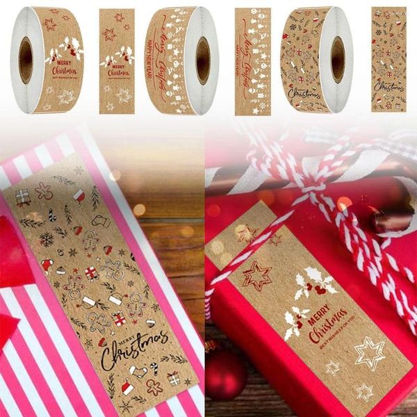 Papel de regalo 1 rollo Feliz Navidad pegatinas envoltura calcomanías papel Kraft Navidad sellado etiqueta regalos paquete decoración Festival favores feliz año