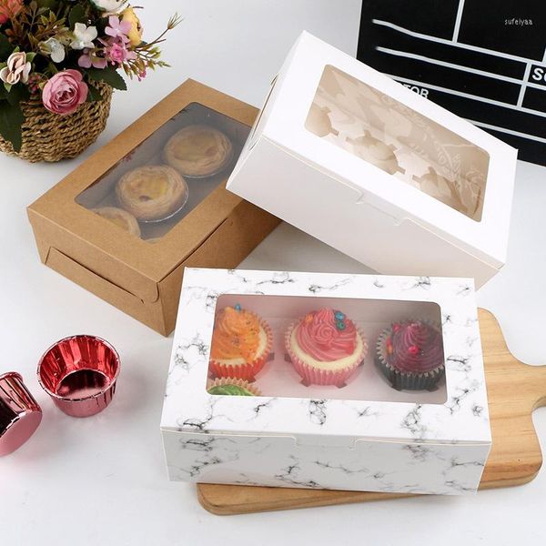Emballage cadeau 2/4/6 grilles Marbling Cupcake Boxes Emballage Gâteau Cookie Avec Fenêtre Muffin Dragées Titulaire Pâtisserie Dessert Conteneurs