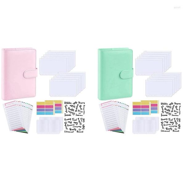 Papel de regalo 2 Set A6 PU cuero Notebook planificador organizador recargable 6 anillas cubierta carta pegatinas etiquetas rosa verde