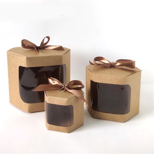 Cadeau cadeau 20/30 / 50pcs boîte de bonbons hexagonale avec fenêtre ouverte en PVC carton blanc emballage en papier kraft enveloppé boîte de gâteau de ruban cadeau