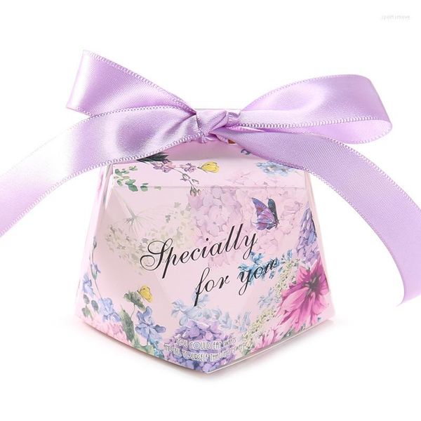 Emballage cadeau 2023 Vendre des faveurs de mariage hexagonales violettes et des boîtes de bonbons en papier avec des rubans de décoration 20pcs / lot