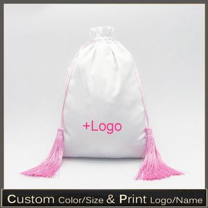 Emballage cadeau 20pcs 20x30cm Logo personnalisé Sac à cordon en satin élastique mat avec glands Emballage pour perruques de cheveux Extensions Vêtements Chaussures