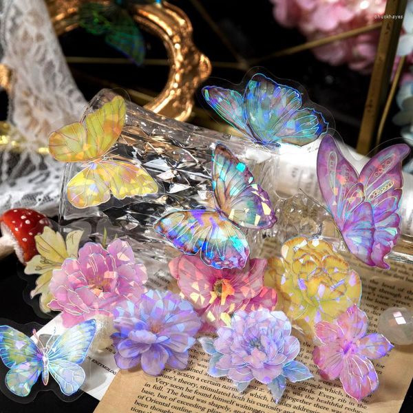 Papier cadeau 20 pièces papillon plume fleur cristal Laser argent autocollant mignon fille bricolage autocollants décoratifs pour Art artisanat Scrapbooking