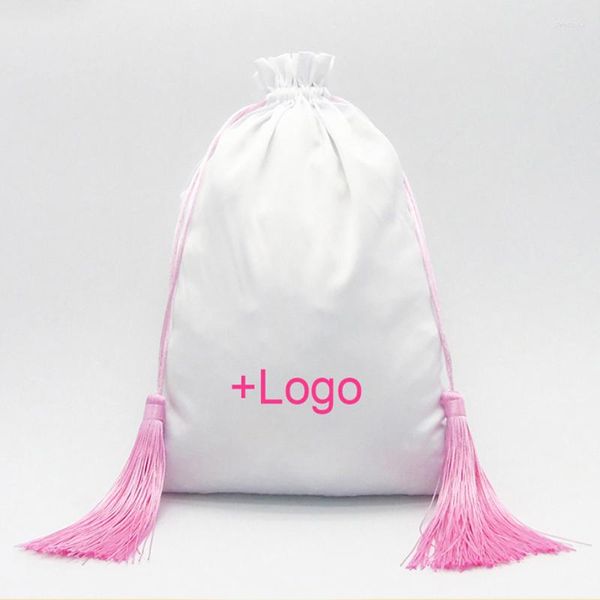 Papel de regalo 20 piezas bolsas de satén con logotipo personalizado con borla bolsa con cordón de seda embalaje peluca de pelo joyería cosmética ropa bolsita a prueba de polvo