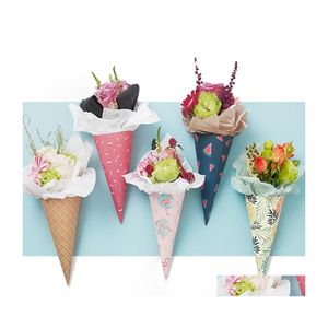 Geschenkomschakeling 20 stks Ice Cream Cone Flowers Paper verpakking Bloem Kegels Holder Bouquet Wedding Decoratie Bloemarts Benodigdheden Drop levering Dhrmq