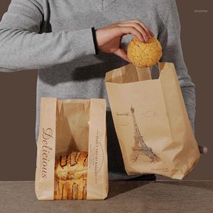 Geschenkomschakeling 20 stks Kraft Bag Window Bakverpakking Toast Koekjes Voedselbrood Papier Gedrukt Pakket Bakery Iron Tower Decor Souvenir