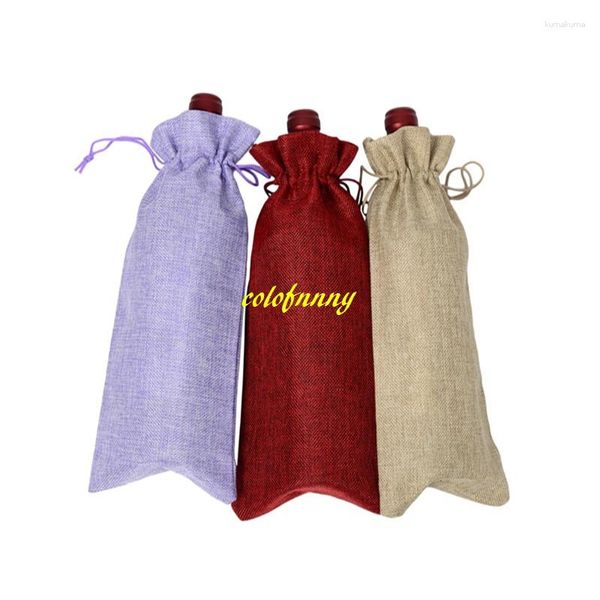 Cadeau cadeau 20pcs / lot naturel jute toile de jute sacs de vin rouge cordon bouteille pochette couvre sac d'emballage