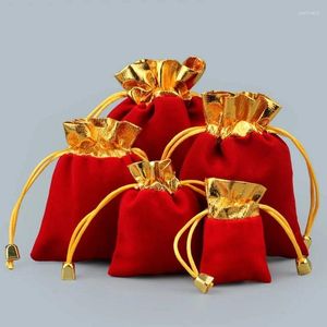 Envoltura de regalo 20 unids / lote Red Gold Trim Velvet Bolsa de bolsa / Bolsa de joyería Navidad / Boda 7x9cm 8x10cm 10x12cm 12x15cm