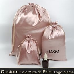 Geschenkwikkeling 20 stks Rose Gold Silk Gift Bags Satin Drawtring Pouch Make -up schoenen Kleding Virgin Haar Wig Cosmetische verpakking Bag opslag Print 220913