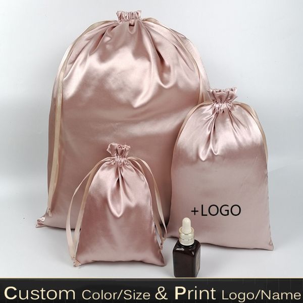 Envoltura de regalo 20 UNIDS Bolsas de regalo de seda de oro rosa Bolsa con cordón de satén Zapatos de maquillaje Ropa Peluca de cabello virgen Bolsa de embalaje cosmético Impresión de almacenamiento 230627