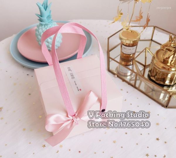 Emballage cadeau 21.5 14 8mm boîte en papier rose avec poignée Mooncake Biscuit bonbons fête faveurs de mariage boîtes cadeaux 100 pcs/lot