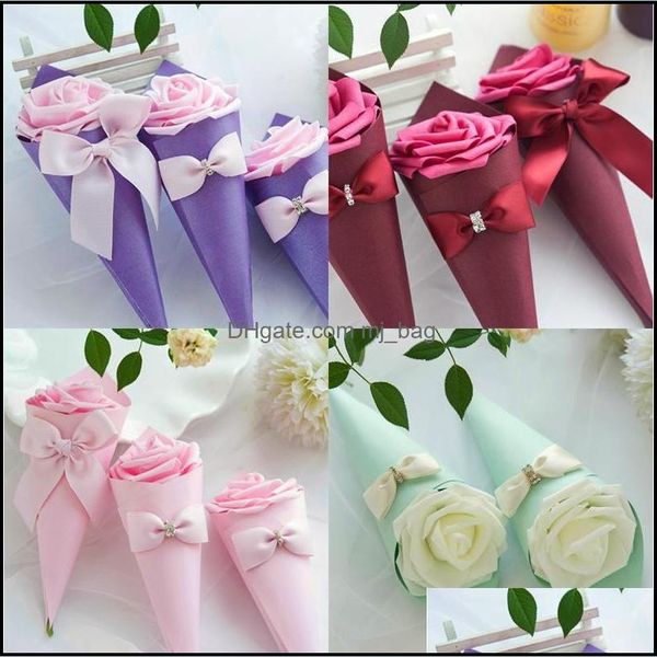 Cadeau Wrap 22cm Bow Fleur Cône Papier Strass Boîte De Bonbons Décoration Creative Mariage Faveurs Cadeau Cas Ornement Fleurs 1Xya G2 Dhy9V