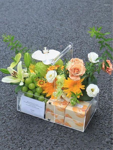 Papel de regalo 22x12x10cm Arreglo de flores acrílicas Caja portátil Transparente Frutas Pastel Almacenamiento Tienda Ramo Embalaje