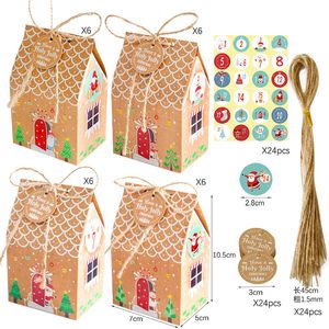 Geschenkwikkeling 24 -stks Kerst Candy Bags Huisvorm Kastkoker Pakbakken met touwen Xmas Decorations Jaar 2023 230110