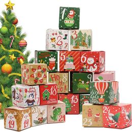 Envoltura de regalo 24PCS Día de Navidad Calendario de Adviento Caja de regalo Caja de galletas de dulces de Navidad Caja de embalaje de regalo de papel Kraft Feliz año 7x7x7cm 231020