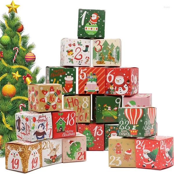 Envoltura de regalo 24PCS Día de Navidad Calendario de Adviento Caja Galletas de caramelo Embalaje de papel Kraft Feliz Año 7x7x7cm