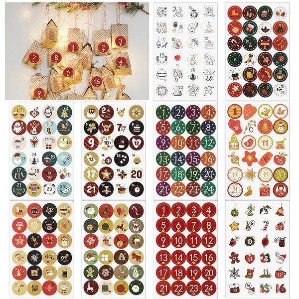 Enveloppe-cadeau 24pcs Joyeux Noël Numéro de papier Autocollants Avent Calendrier DIY Scellant Cadeaux Emballage Adhésif Étiquettes Année de Noël Decoration