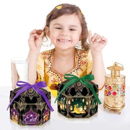 Geschenkwikkeling 24 -stks Ramadan Geschenkdozen en gekleurde inpaklinten Gable -dozen voor Eid Party Treat Boxes Candy Bag Ramadan Goodie Box 230316
